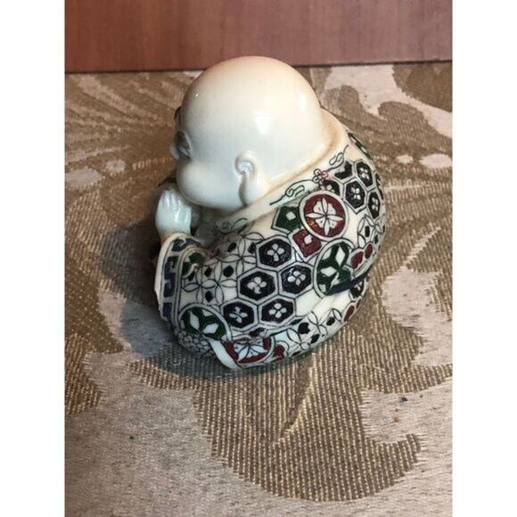 Vintage Ceramic Happy Buddha Figurine Asian Decor Geometric Pattern Decoration - Picture 4 of 5